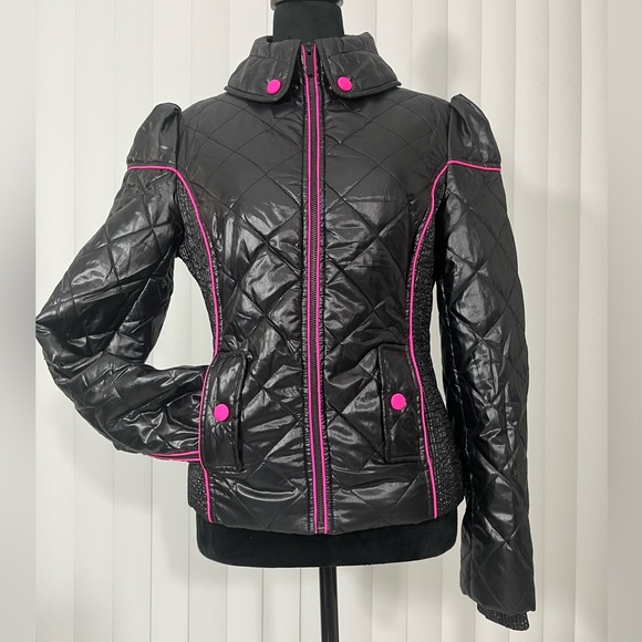 SUGARFLY Quilted Puffer Moto Jacket Coat Zip Up Pockets Black Neon Pink Medium - Picture 7 of 13